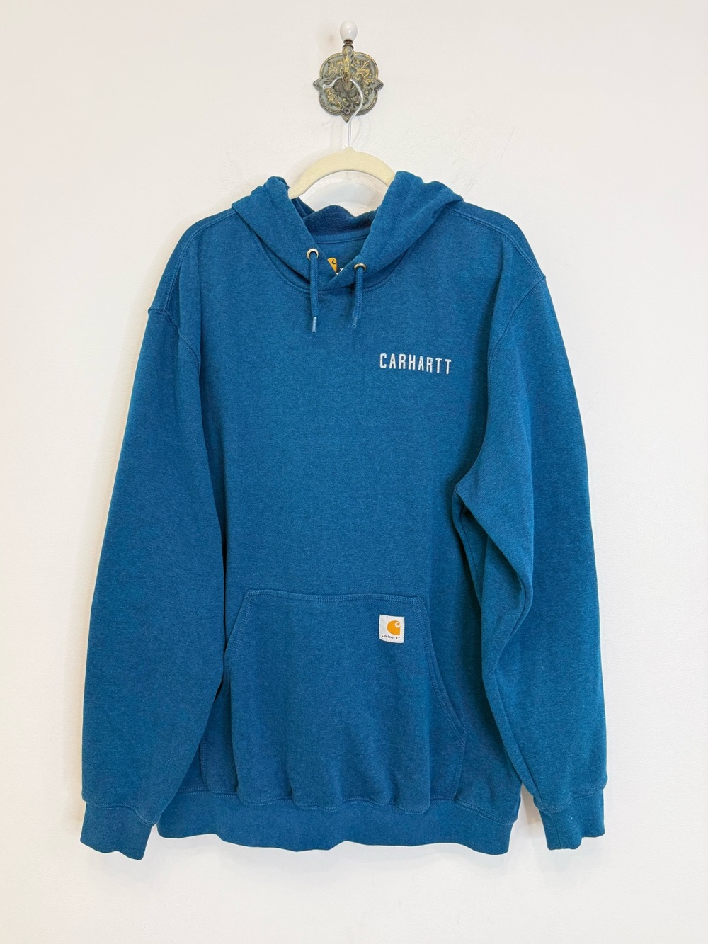Carhartt Teal Blue Hoodie Logo Sweatshirt Heavyweight Fleece Men's XL Workwear